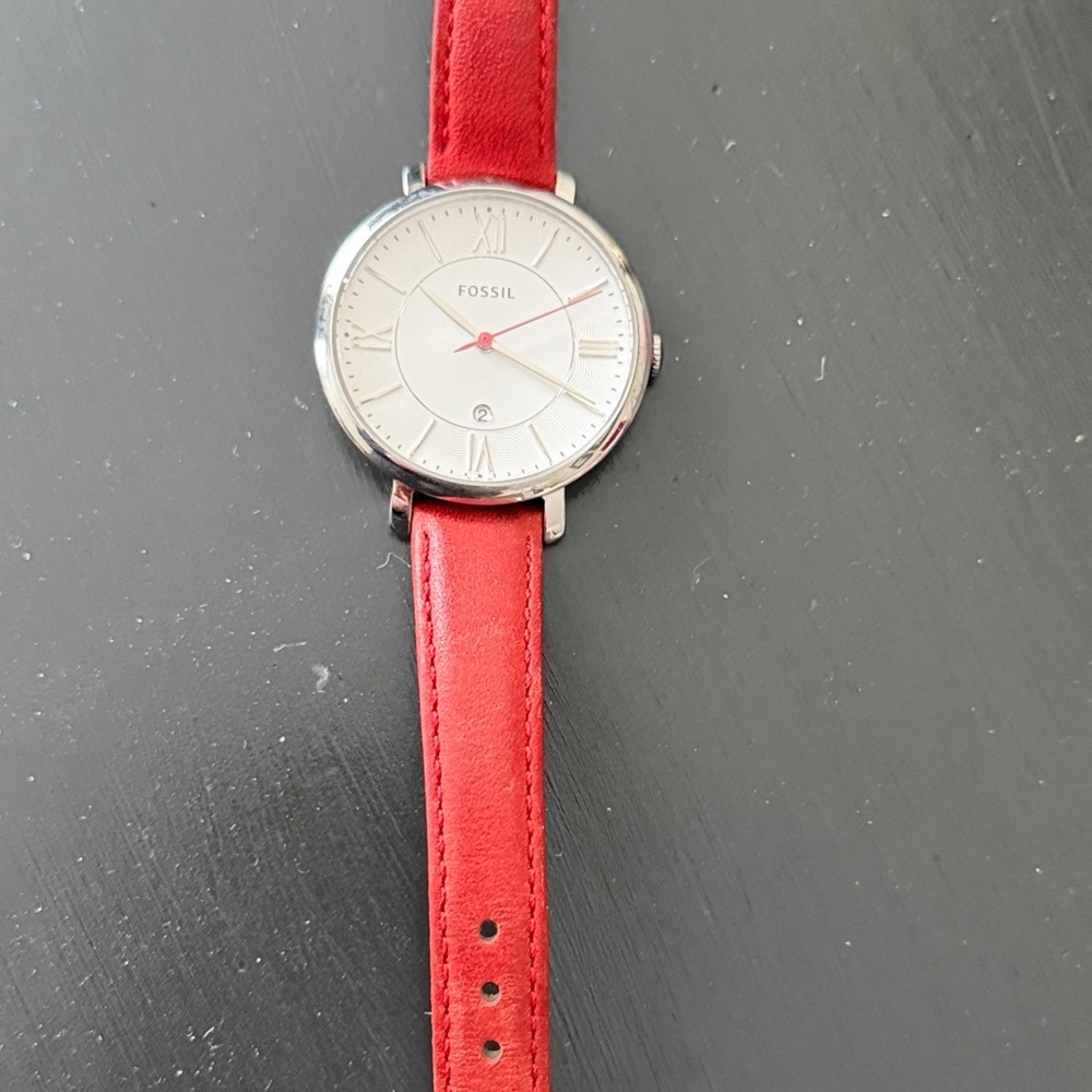 Fossil Silver Dial Watch with Red Leather Strap